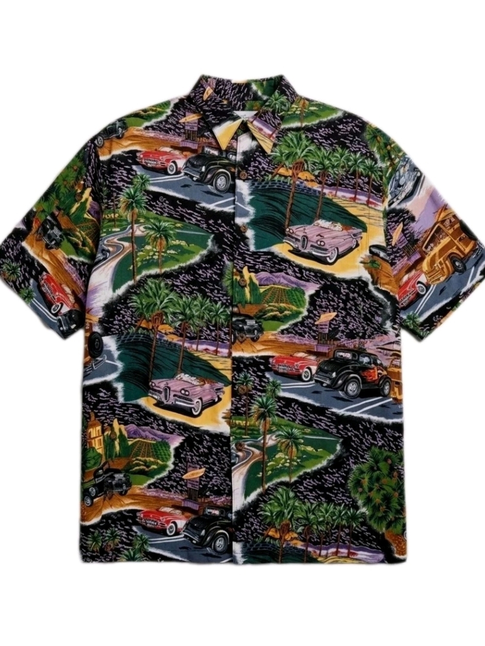 VTG‎ 80s 90s Reyn Spooner Spun Rayon Shirt Mens XL Multicolor Retro Car Prints